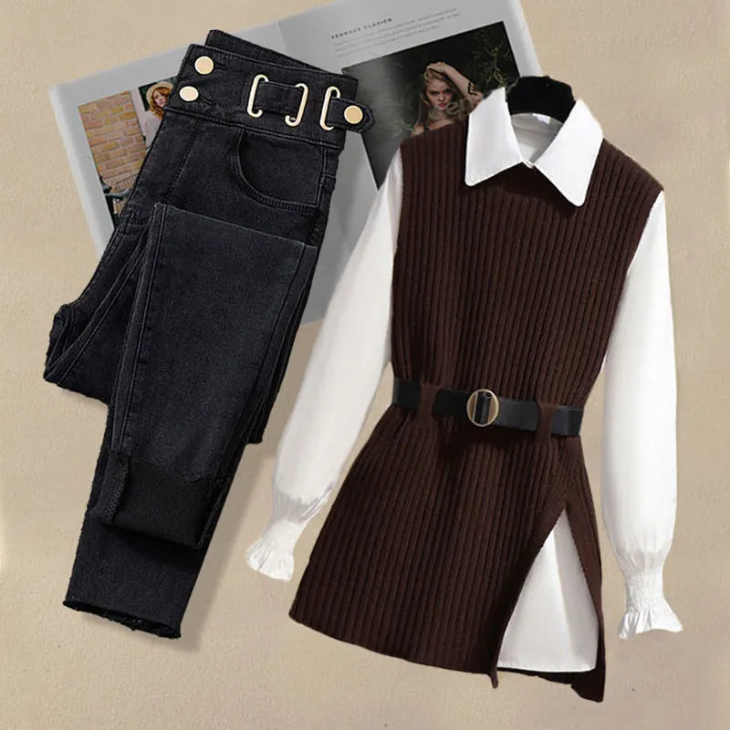 Autumn Increased Size Korean Popular Chiffon Shirt Knitted Sweater Jeans Three Piece Elegant Women's Pants Set Tracksuit