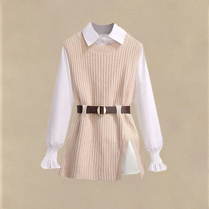 Autumn Increased Size Korean Popular Chiffon Shirt Knitted Sweater Jeans Three Piece Elegant Women's Pants Set Tracksuit shirt and sweater 1