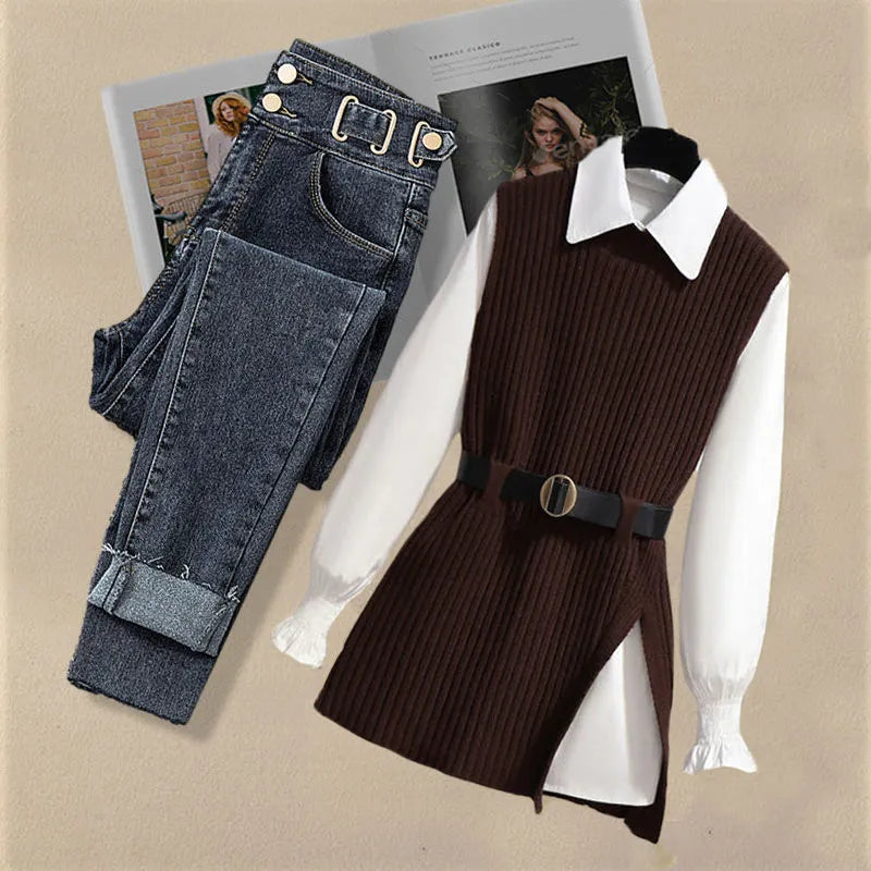 Autumn Increased Size Korean Popular Chiffon Shirt Knitted Sweater Jeans Three Piece Elegant Women's Pants Set Tracksuit three piece set 2