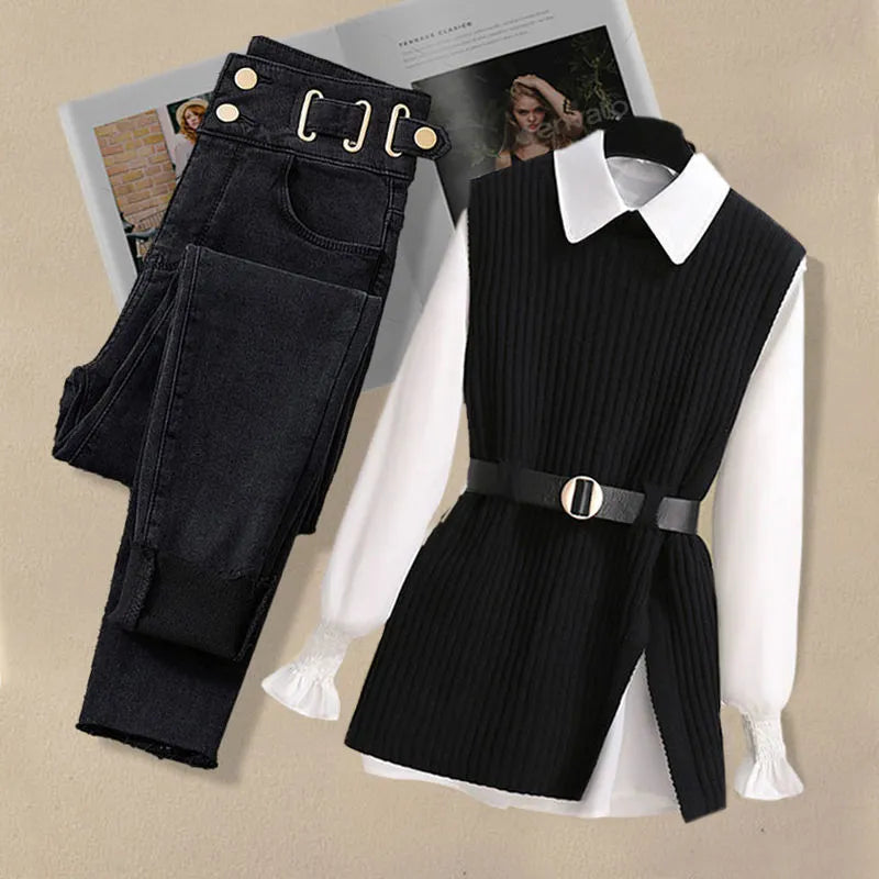Autumn Increased Size Korean Popular Chiffon Shirt Knitted Sweater Jeans Three Piece Elegant Women's Pants Set Tracksuit