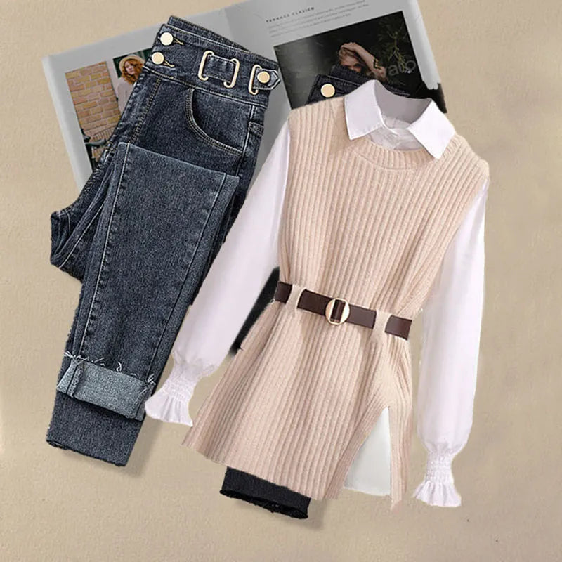 Autumn Increased Size Korean Popular Chiffon Shirt Knitted Sweater Jeans Three Piece Elegant Women's Pants Set Tracksuit three piece set 1