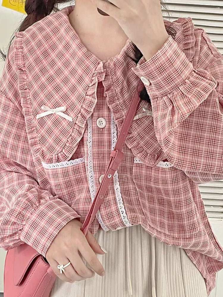 Autumn Japanese Kawaii 3 Piece Set Women Bow Sweet Elegant Party Midi Skirt Suit Female Korean Fashion Pink Plaid Cute Sets 2024