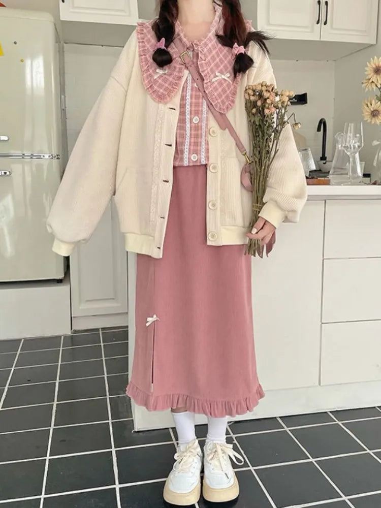 Autumn Japanese Kawaii 3 Piece Set Women Bow Sweet Elegant Party Midi Skirt Suit Female Korean Fashion Pink Plaid Cute Sets 2024 Set