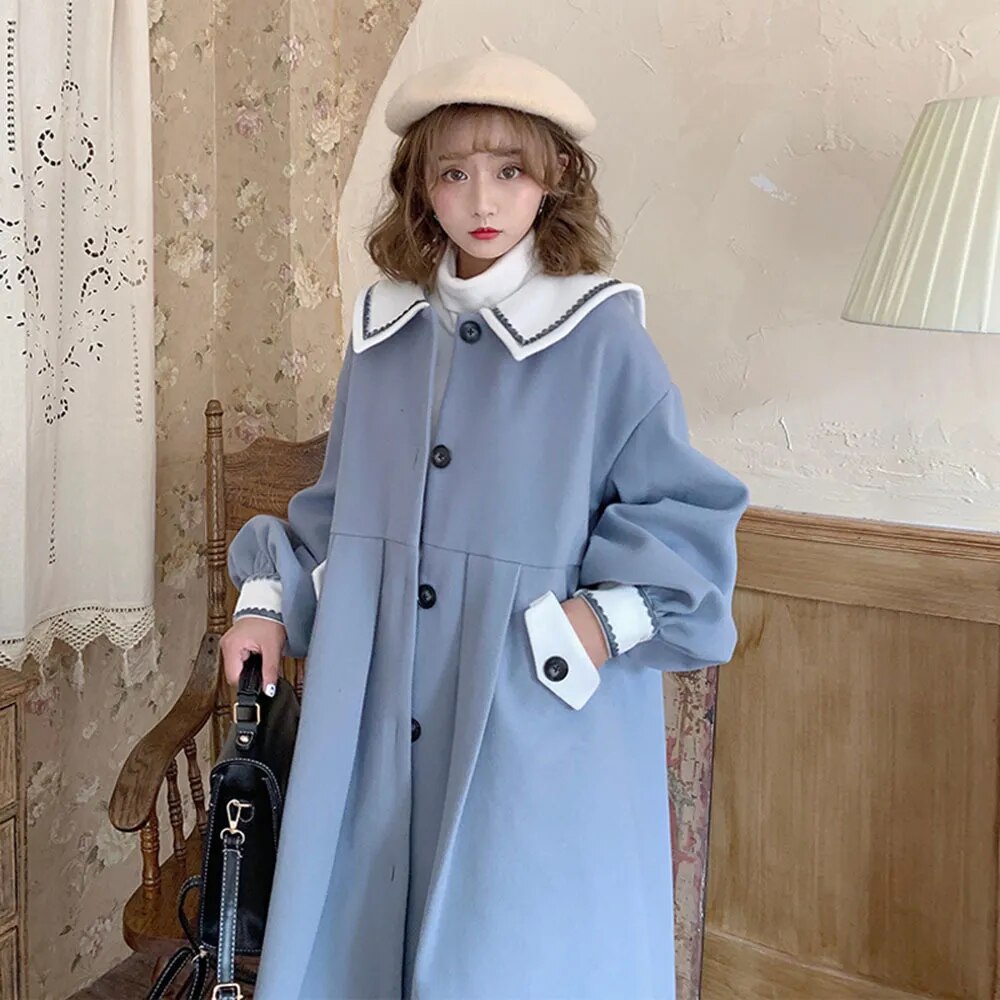 Autumn Japanese Vintage College Style Navy Collar Woolen Coat 2024 New Winter Women Mid-length Color Contrast Loose Wool Jacket