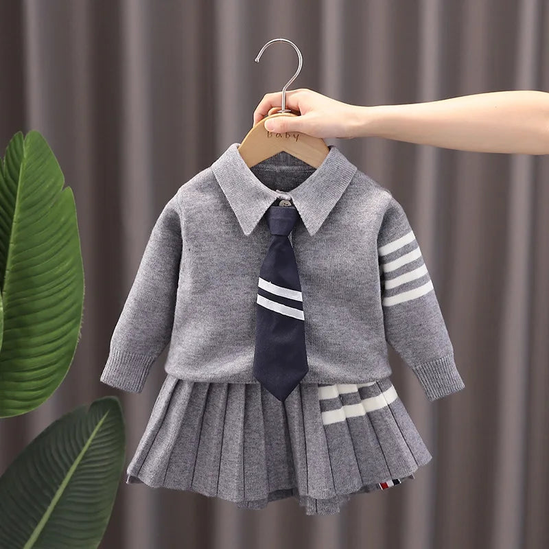 Autumn Kids Christmas Clothes JK Skirt Short 2 Pcs Red Sweater Clothes Girls Knit 2-7Y Christmas Children Dress Cute Bunny Gray