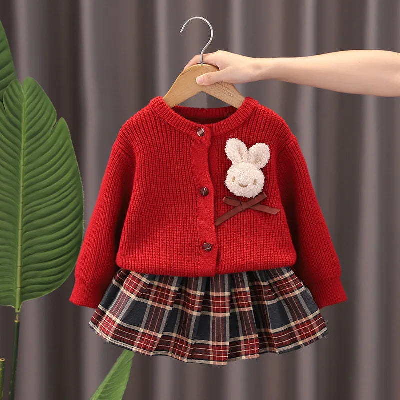 Autumn Kids Christmas Clothes JK Skirt Short 2 Pcs Red Sweater Clothes Girls Knit 2-7Y Christmas Children Dress Cute Bunny