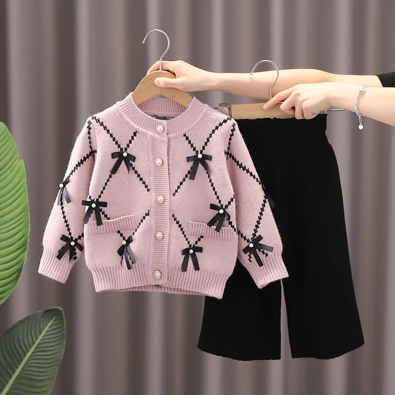Autumn Kids Christmas Clothes JK Skirt Short 2 Pcs Red Sweater Clothes Girls Knit 2-7Y Christmas Children Dress Cute Bunny Pink 1