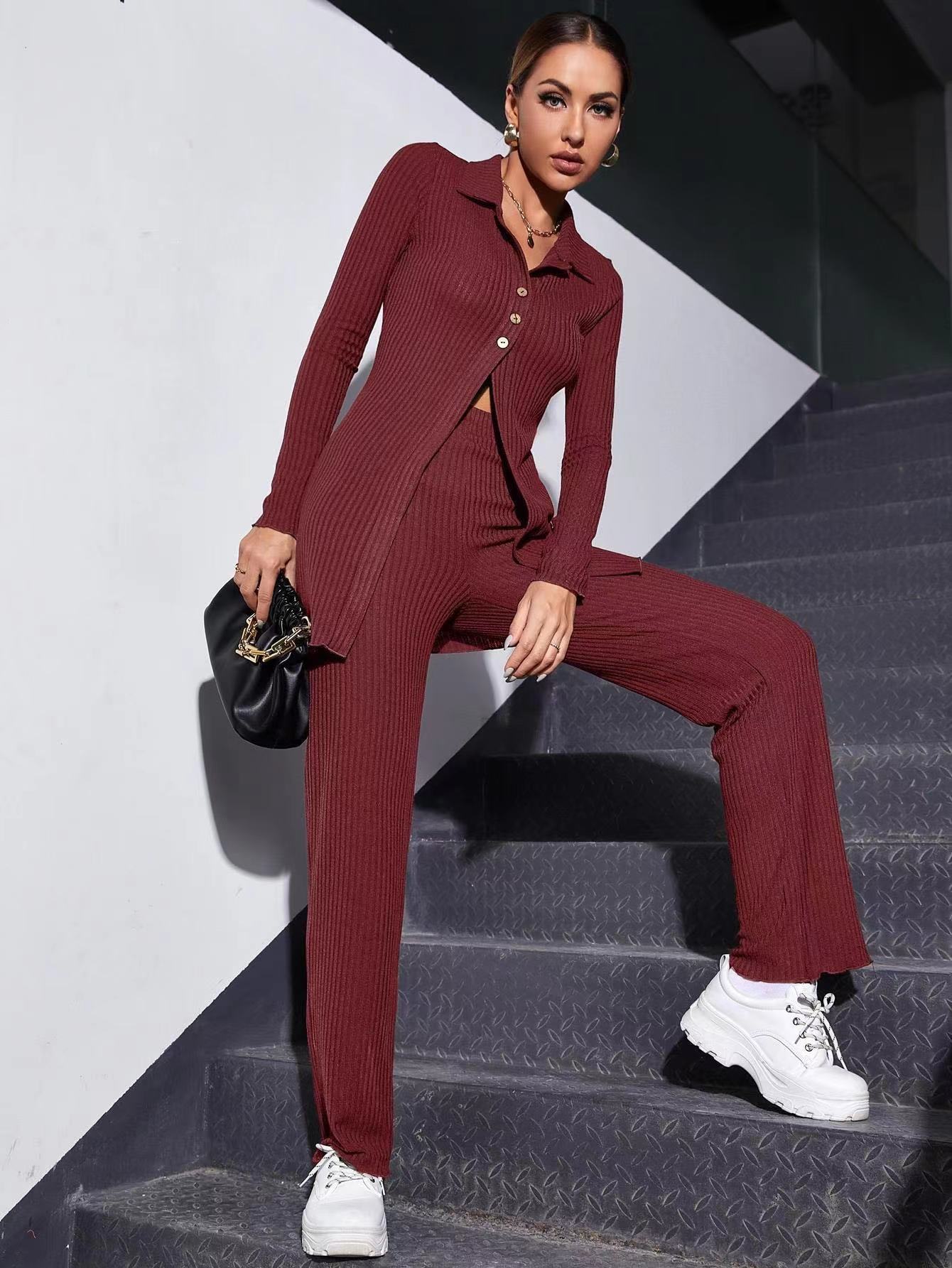 Autumn Knitted Sweater 2 Pcs/Set Women Elegant Stretch Pants Suit Female Ribbed Single-breasted Shirt Top Cardigan Jacket
