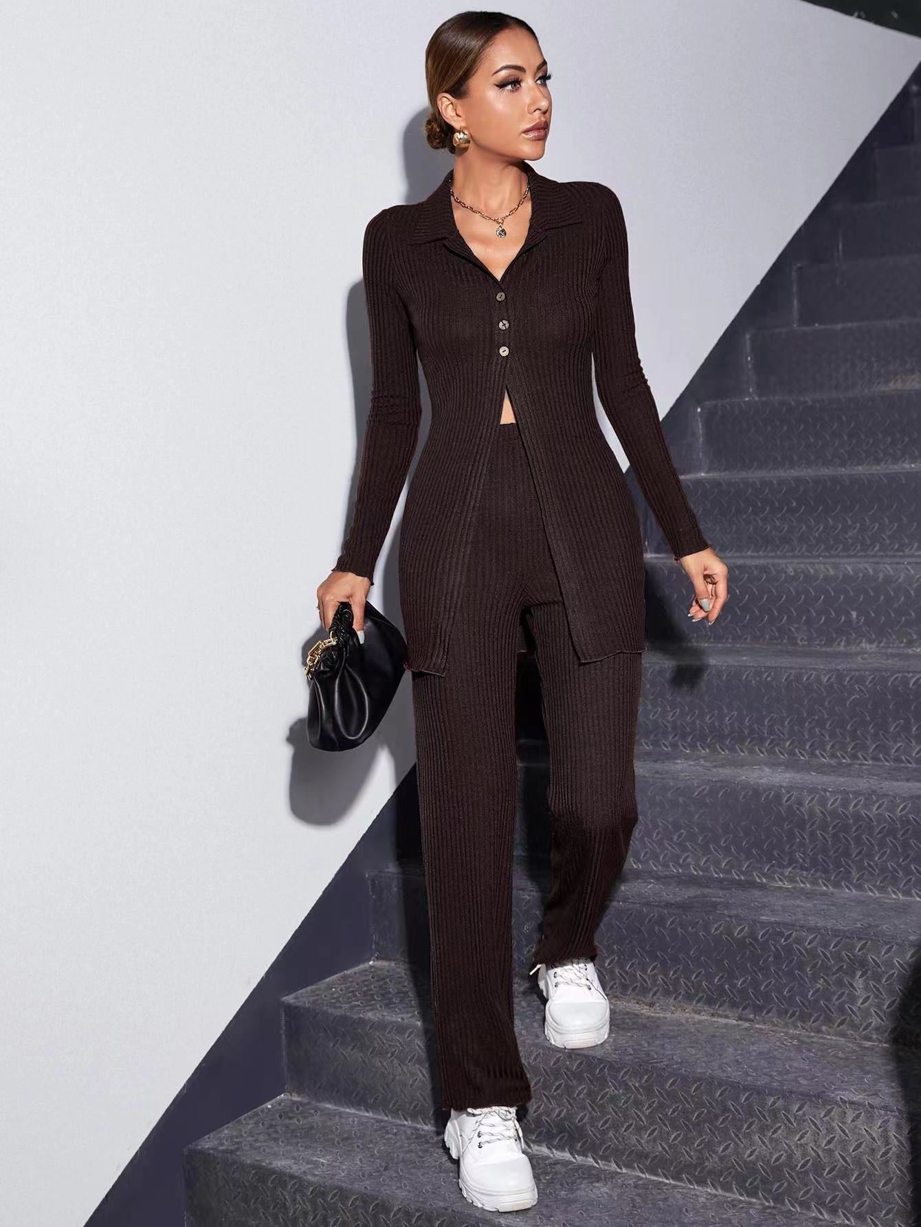 Autumn Knitted Sweater 2 Pcs/Set Women Elegant Stretch Pants Suit Female Ribbed Single-breasted Shirt Top Cardigan Jacket