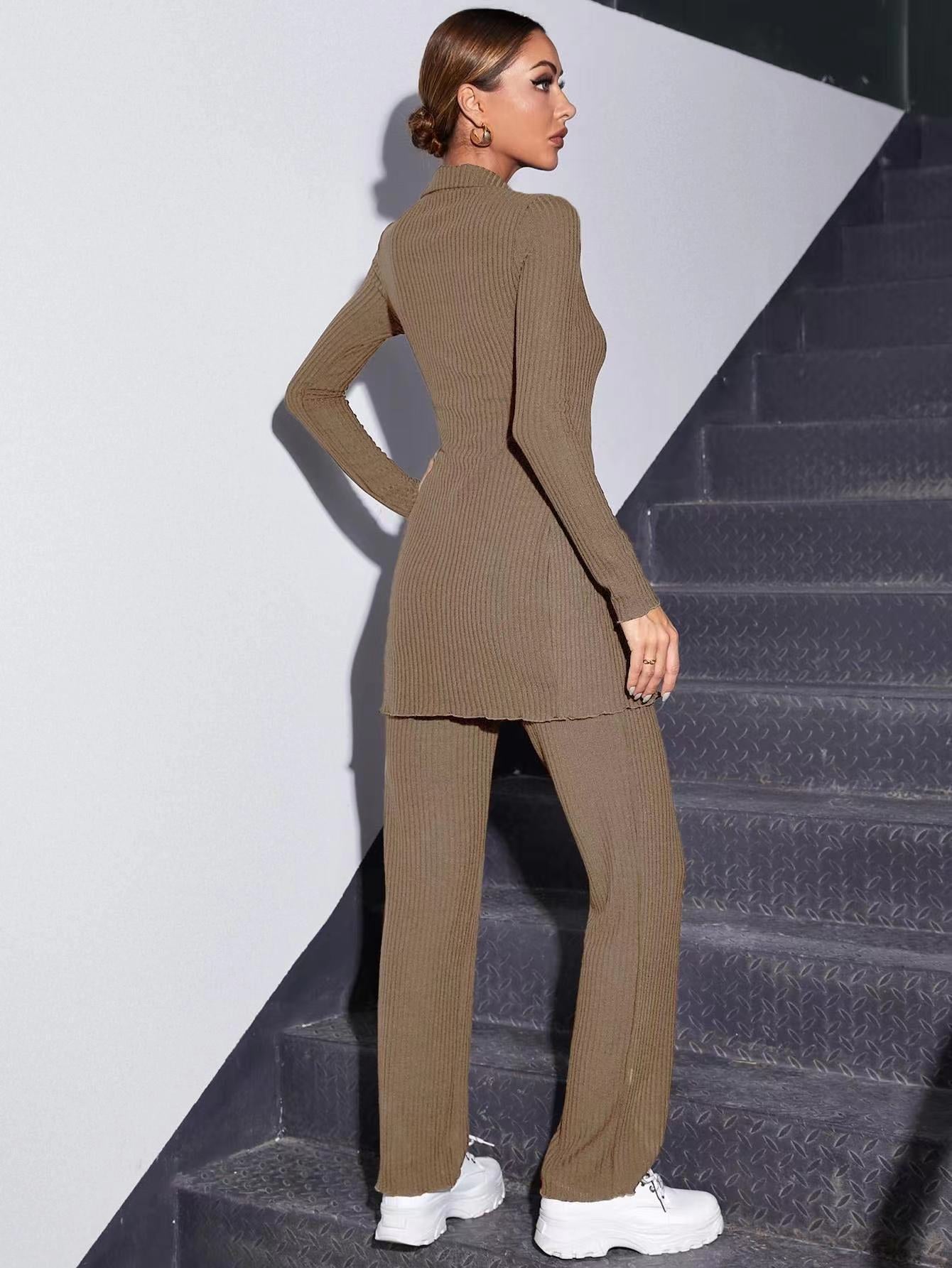 Autumn Knitted Sweater 2 Pcs/Set Women Elegant Stretch Pants Suit Female Ribbed Single-breasted Shirt Top Cardigan Jacket