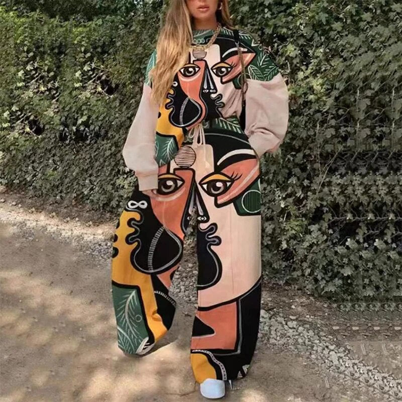 Autumn Loose Fleece Sweatshirt Outfits Women O-neck Top Pullover & Drawstring Pants Sport Tracksuit Winter Long Sleeve Suit Sets 03 Print