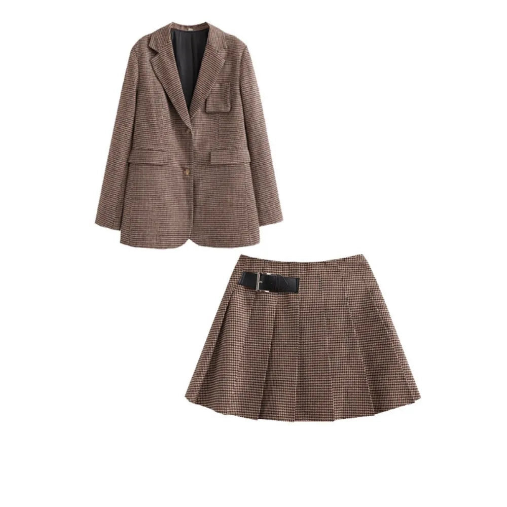Autumn Loose and Slim Suit Coat Leather Buckle Decoration Wide Pleated Skirt Pants Two Piece Set Two piece set