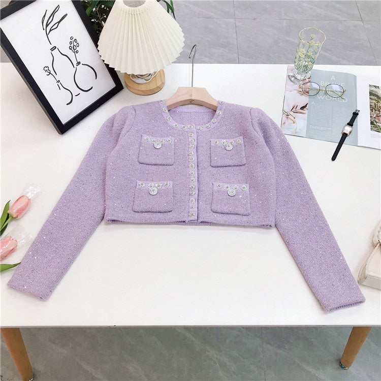 Autumn New In Embellished Cropped Knit Pink Cardigan with Sequin Pleated A-Line High Waist Mini Skirt Set Short Jacket Pink Top