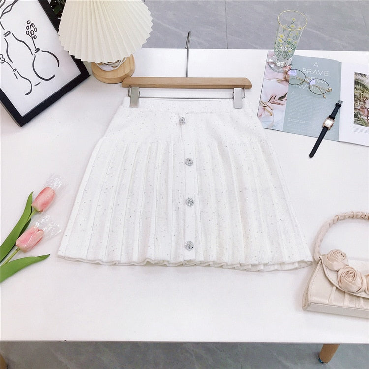 Autumn New In Embellished Cropped Knit Pink Cardigan with Sequin Pleated A-Line High Waist Mini Skirt Set Short Jacket White Skirt