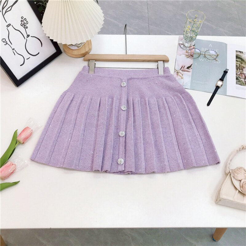 Autumn New In Embellished Cropped Knit Pink Cardigan with Sequin Pleated A-Line High Waist Mini Skirt Set Short Jacket
