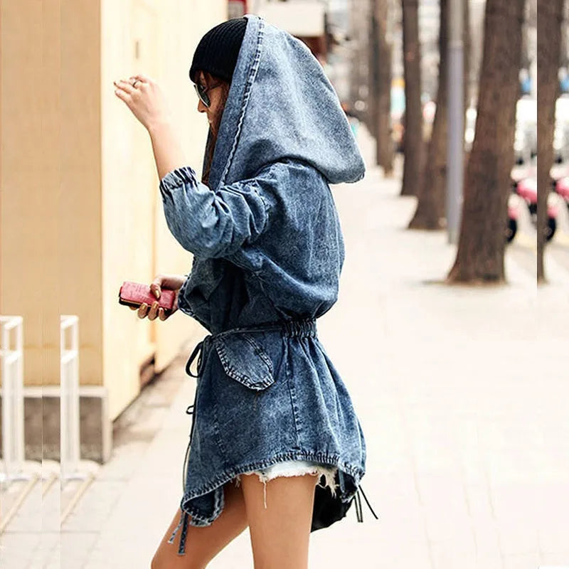Autumn New Women Vintage Hooded Denim Coat Elastic Waist Lace Up Batwing Sleeve Blue Jeans Jacket Korean Loose Casual Streetwear