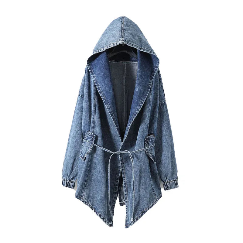 Autumn New Women Vintage Hooded Denim Coat Elastic Waist Lace Up Batwing Sleeve Blue Jeans Jacket Korean Loose Casual Streetwear Blue One Size