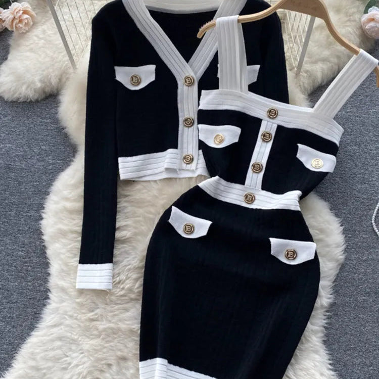 Autumn New Women's Dresses Knitwear Suits Small Fragrance Knitted Cardigan Coat + Suspender Knit Dress Streetwear Two Piece Sets Black One Size