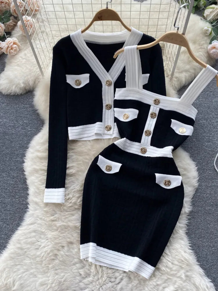 Autumn New Women's Dresses Knitwear Suits Small Fragrance Knitted Cardigan Coat + Suspender Knit Dress Streetwear Two Piece Sets Black One Size