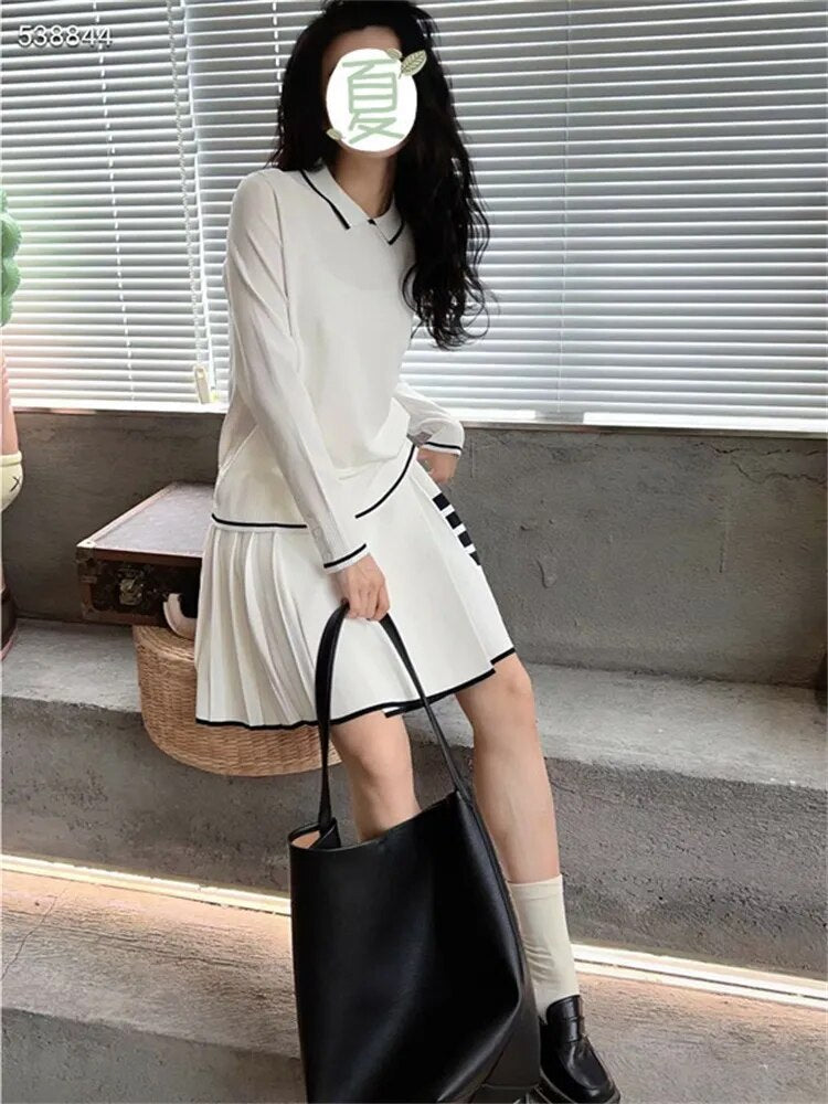 Autumn Pure Cotton Sweater Women's Stripe Embroidery Top Single Row Button Cuff High Elastic Polo Collar Pull Height Luxury 2024