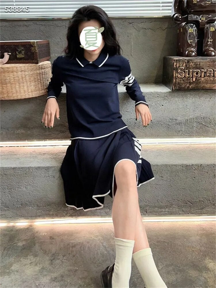 Autumn Pure Cotton Sweater Women's Stripe Embroidery Top Single Row Button Cuff High Elastic Polo Collar Pull Height Luxury 2024 Blue