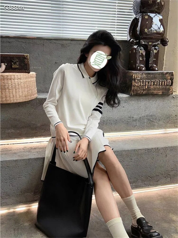 Autumn Pure Cotton Sweater Women's Stripe Embroidery Top Single Row Button Cuff High Elastic Polo Collar Pull Height Luxury 2024 Ivory