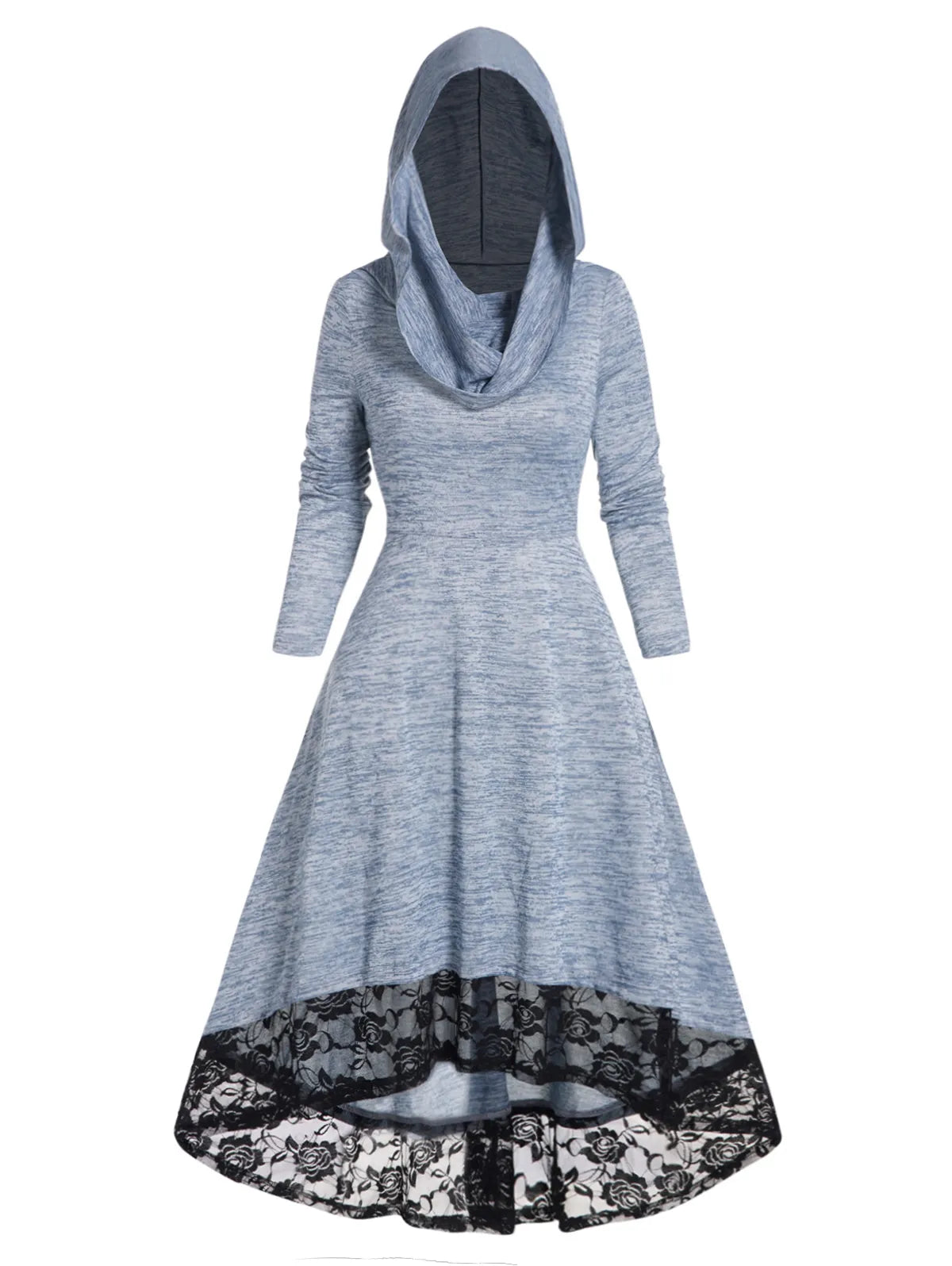 Autumn Space Dye Hooded Dress Flower Lace Panel High Waisted Long Sleeve High Low One Piece Midi Long Dresses For Women 2024