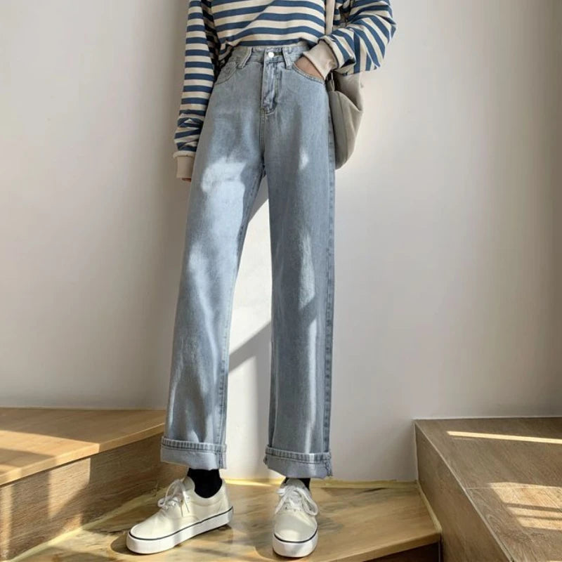 Autumn Spring Jeans Women Denim Pants Vintage Straight Trousers Fashion Female White Black Solid Loose Casual Wide Leg Pants Light Blue