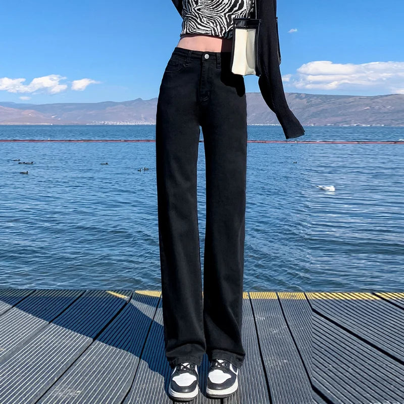 Autumn Spring Jeans Women Denim Pants Vintage Straight Trousers Fashion Female White Black Solid Loose Casual Wide Leg Pants black