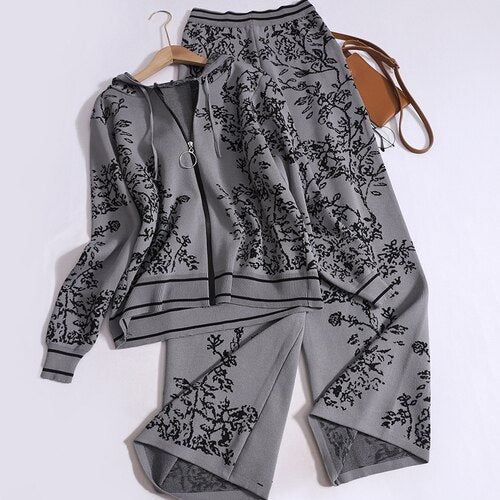 Autumn Temperament Pants Set for Women Printed Hooded Knit Cardigans + Casual High Waisted Wide Leg Pants Women Two Piece Set Gray One Size