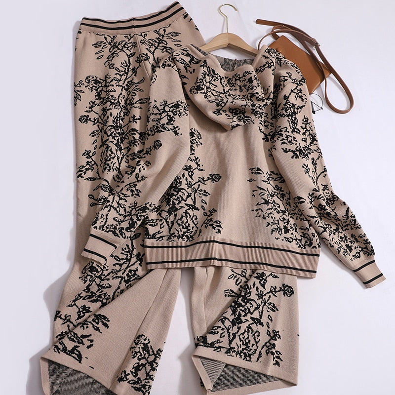 Autumn Temperament Pants Set for Women Printed Hooded Knit Cardigans + Casual High Waisted Wide Leg Pants Women Two Piece Set