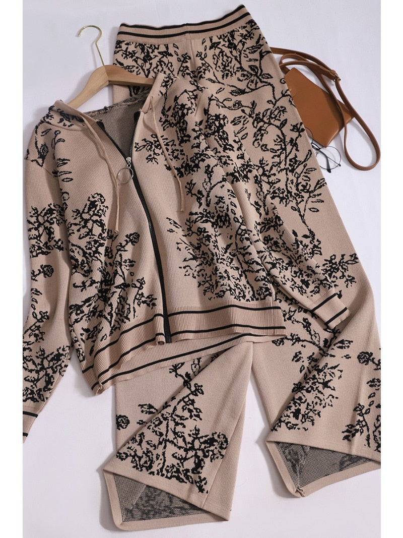 Autumn Temperament Pants Set for Women Printed Hooded Knit Cardigans + Casual High Waisted Wide Leg Pants Women Two Piece Set
