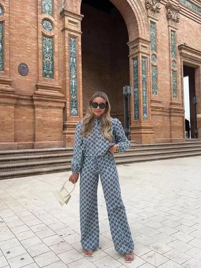 Autumn Vintage Floral Printed Long Pants Suits For Women Tied Hem Crop Top Wide Leg Loose Pants Female 2 Piece Sets Outfits