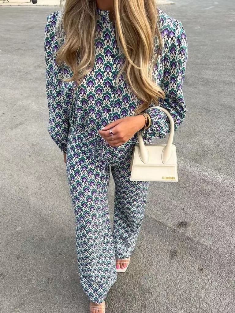 Autumn Vintage Floral Printed Long Pants Suits For Women Tied Hem Crop Top Wide Leg Loose Pants Female 2 Piece Sets Outfits