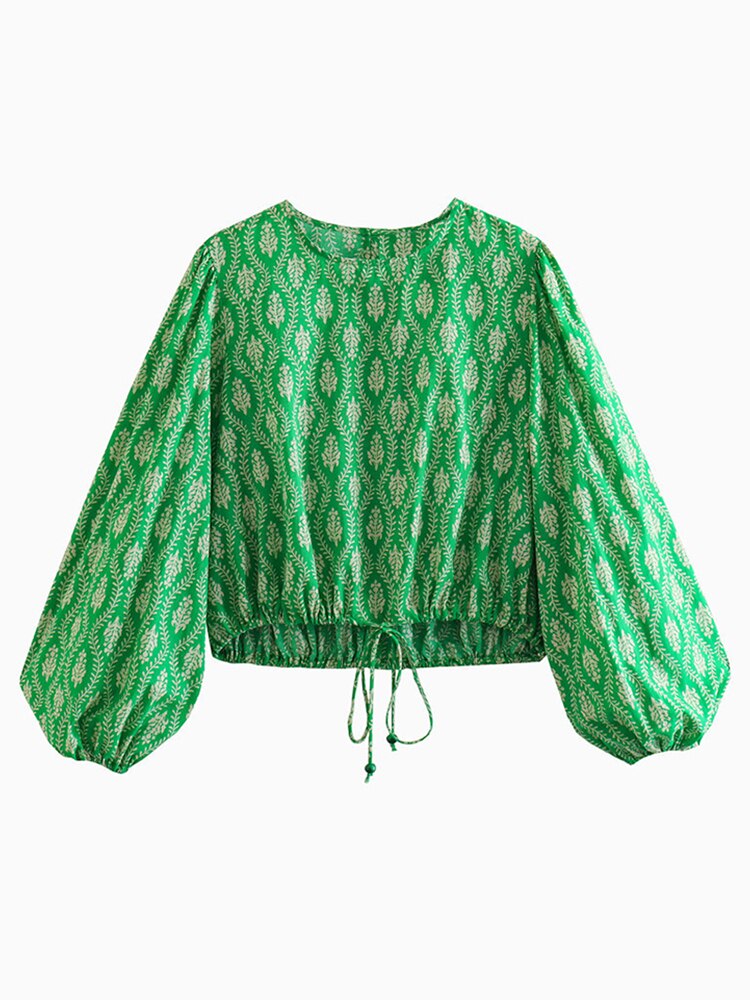 Autumn Vintage Floral Printed Long Pants Suits For Women Tied Hem Crop Top Wide Leg Loose Pants Female 2 Piece Sets Outfits Green top TZ167