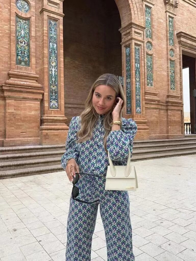 Autumn Vintage Floral Printed Long Pants Suits For Women Tied Hem Crop Top Wide Leg Loose Pants Female 2 Piece Sets Outfits