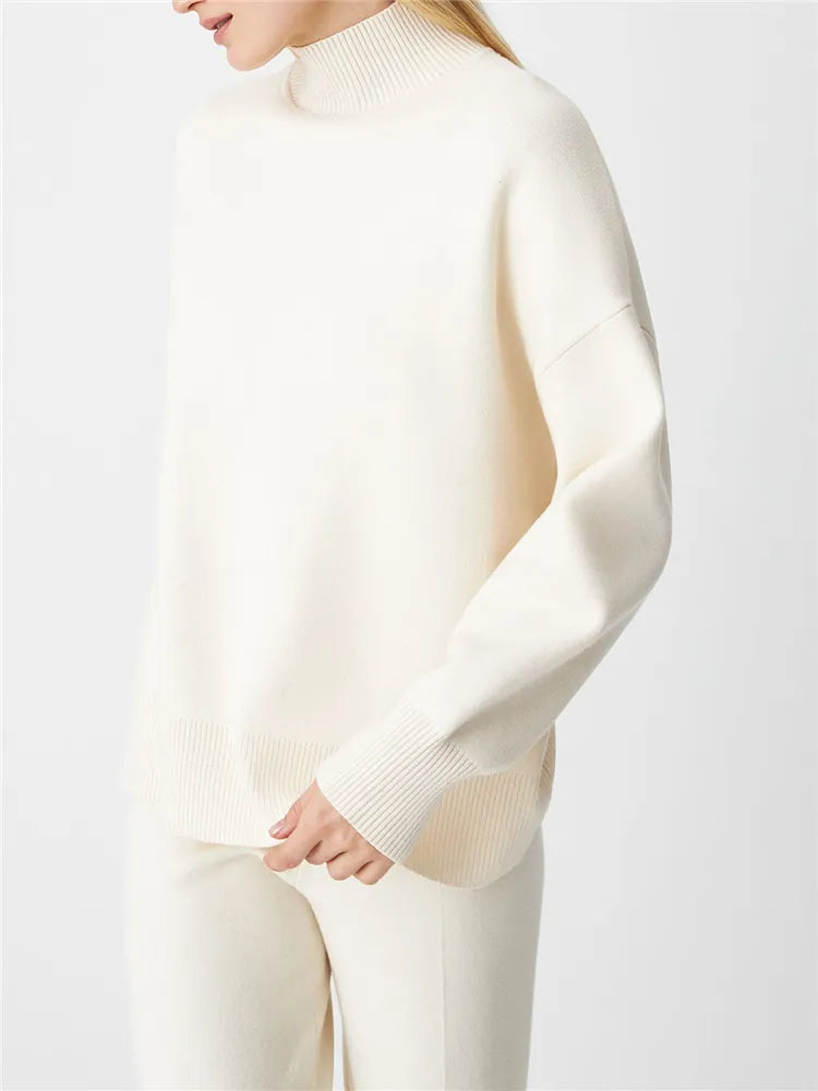 Autumn Winter 2 Pieces Oversize Women's Sets Knitted Tracksuit Half Turtleneck Sweater and Wide Leg Jogging Pants Suits 2024