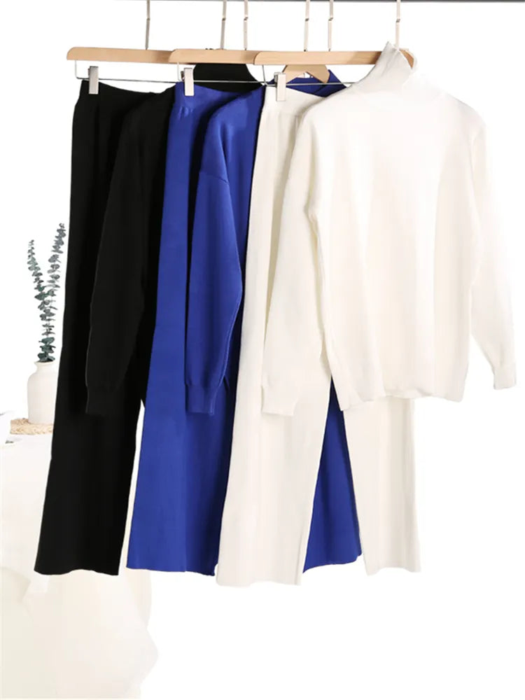 Autumn Winter 2 Pieces Oversize Women's Sets Knitted Tracksuit Half Turtleneck Sweater and Wide Leg Jogging Pants Suits 2024