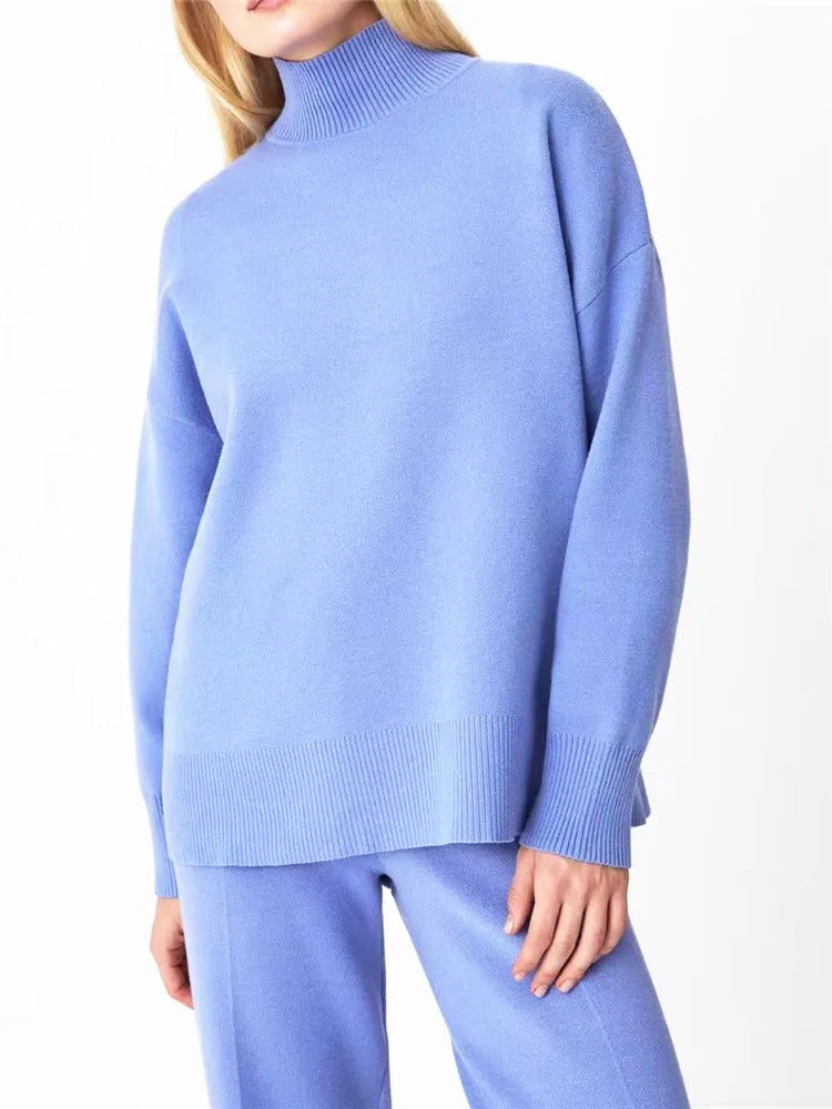Autumn Winter 2 Pieces Oversize Women's Sets Knitted Tracksuit Half Turtleneck Sweater and Wide Leg Jogging Pants Suits 2024 light purple One Size