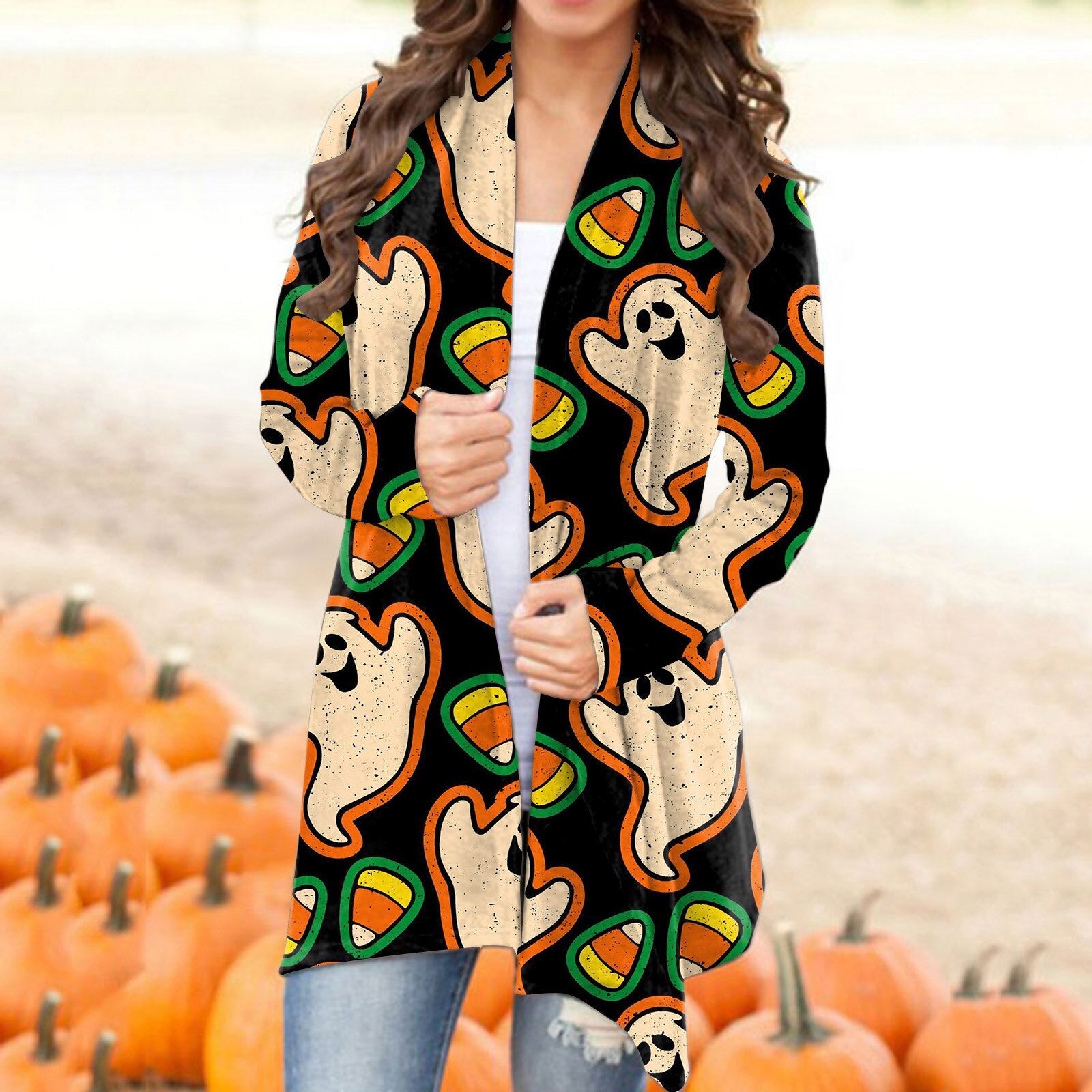 Autumn Winter Cardigan Women Halloween Skull Print Casual Open Stitch Lady Elegant Sweater Coat Casual Blouse Clothes Streetwear Yellow