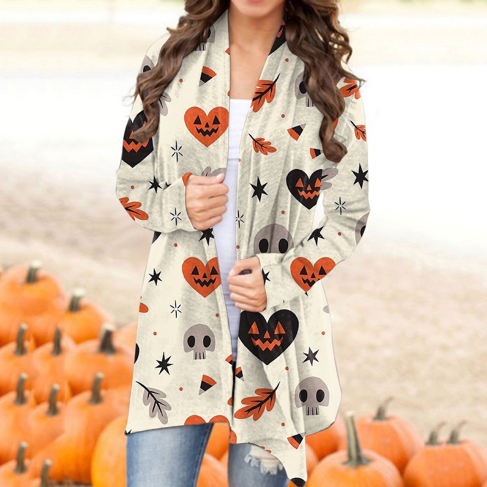Autumn Winter Cardigan Women Halloween Skull Print Casual Open Stitch Lady Elegant Sweater Coat Casual Blouse Clothes Streetwear White