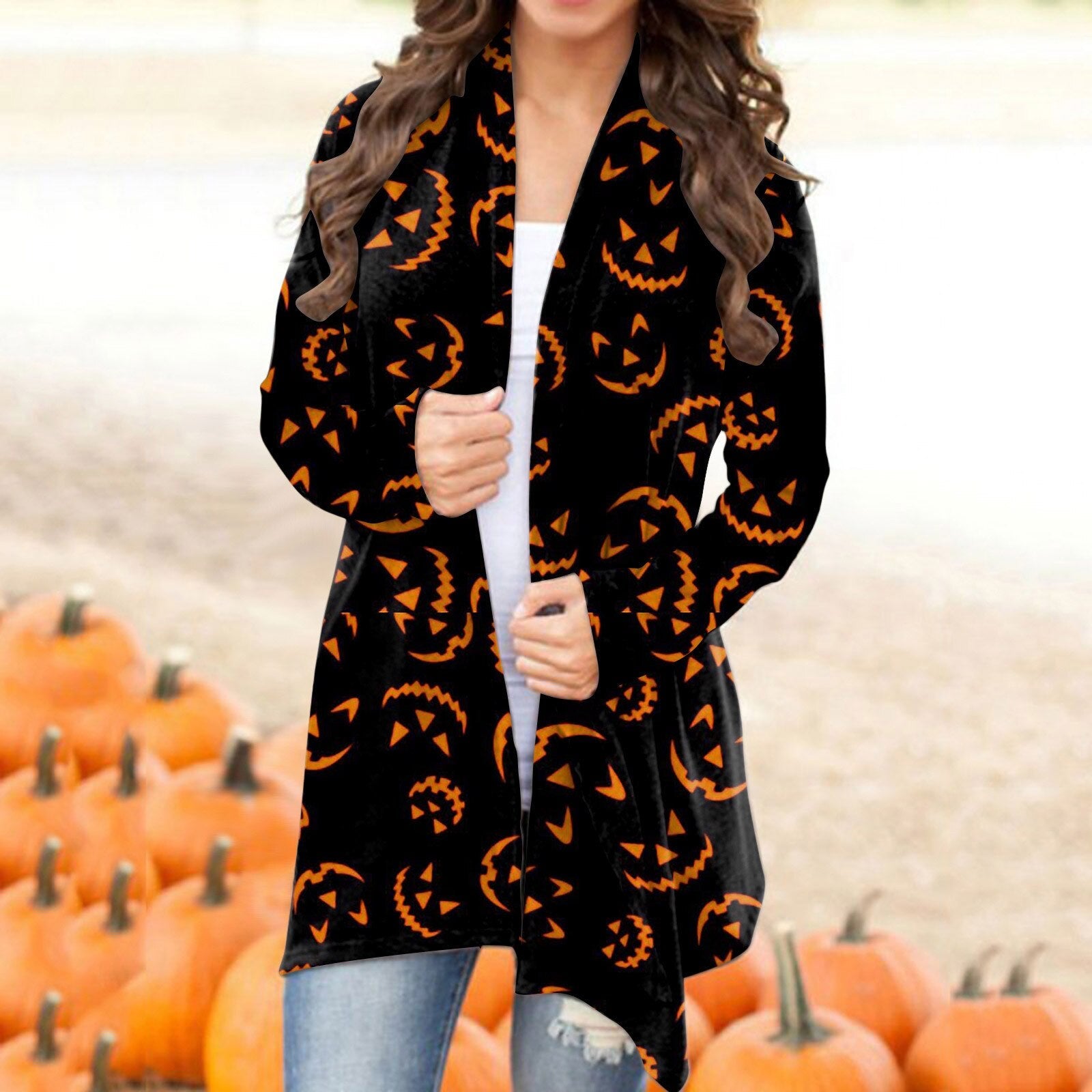 Autumn Winter Cardigan Women Halloween Skull Print Casual Open Stitch Lady Elegant Sweater Coat Casual Blouse Clothes Streetwear Black