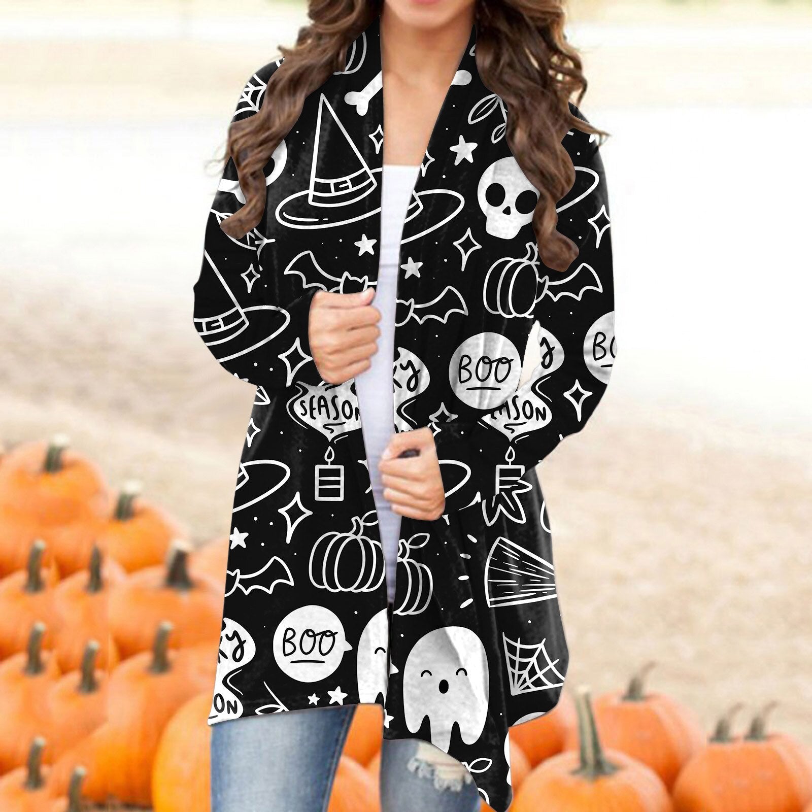 Autumn Winter Cardigan Women Halloween Skull Print Casual Open Stitch Lady Elegant Sweater Coat Casual Blouse Clothes Streetwear Grey