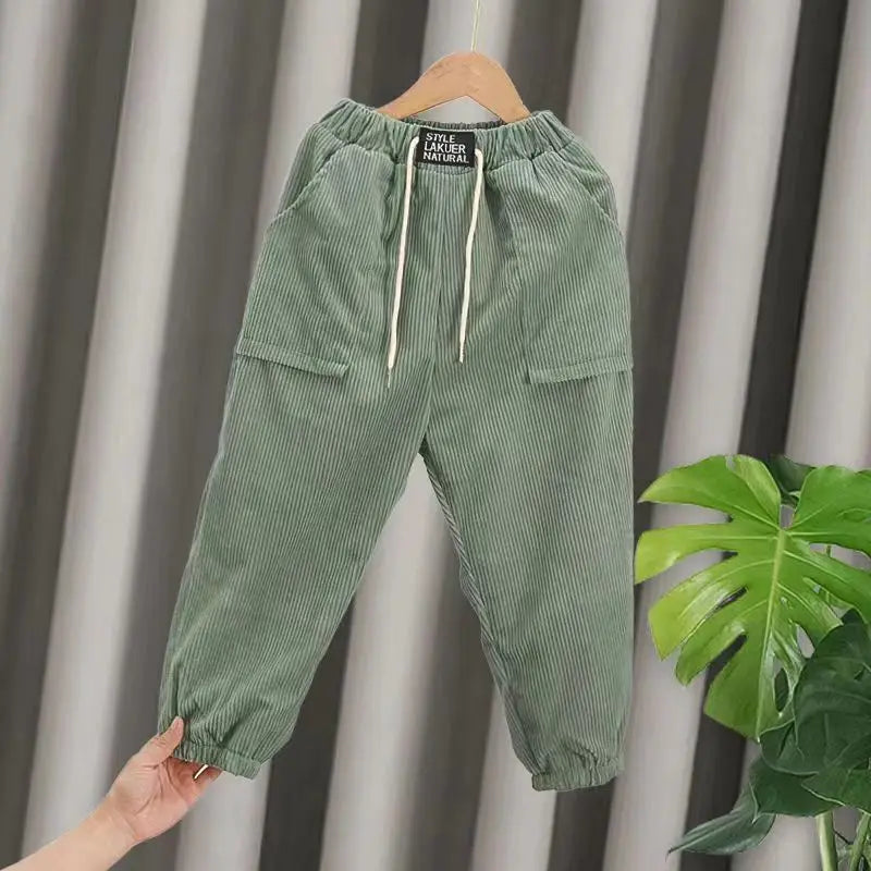 Autumn Winter Corduroy Solid Plus Velvet Kids Pants Harajuku Thick Cute All Match Trousers High Waist Fashion Children's Clothes Green Patch Pocket
