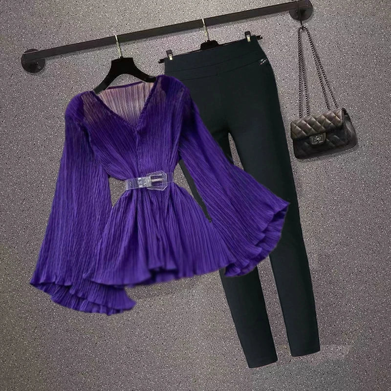 Autumn Winter Elegant OL Flared Sleeve Loose Fashion V-neck Blouse Top + Big Stretch Pant Set Slim Ninth Woman Two-piece Sets-purple