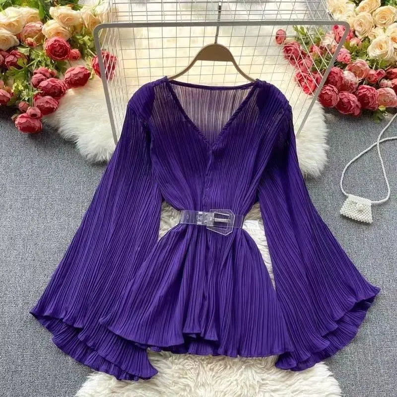 Autumn Winter Elegant OL Flared Sleeve Loose Fashion V-neck Blouse Top + Big Stretch Pant Set Slim Ninth Woman Two-piece purple