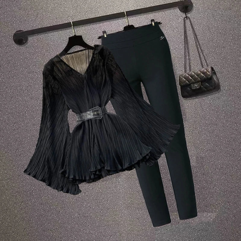 Autumn Winter Elegant OL Flared Sleeve Loose Fashion V-neck Blouse Top + Big Stretch Pant Set Slim Ninth Woman Two-piece Sets-black