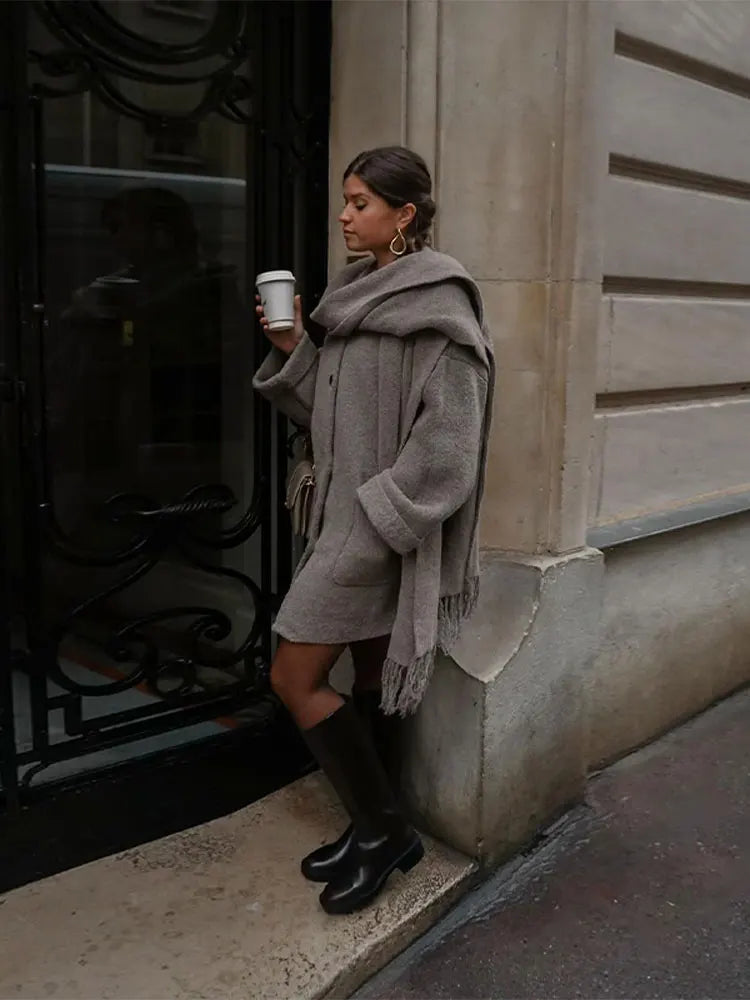 Autumn Winter Elegant Women Woolen Coat With Scarf Fashion Loose Long Sleeve Warm Coat Female Chic Lady Casual Street Overcoat