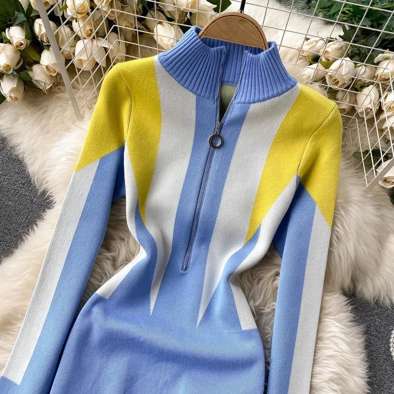 Autumn Winter Fashion Geometric Knitted Dress Women Streetwear Zipper Collar Short Bodycon Sweater Dress Lady Vestidos