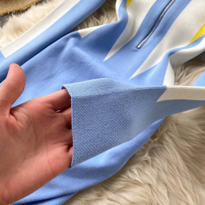 Autumn Winter Fashion Geometric Knitted Dress Women Streetwear Zipper Collar Short Bodycon Sweater Dress Lady Vestidos